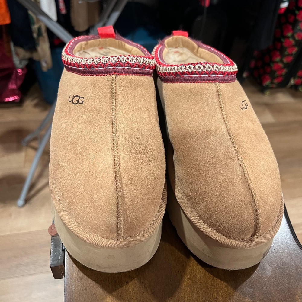 UGG Brown Slip-Ons with Red Accents
